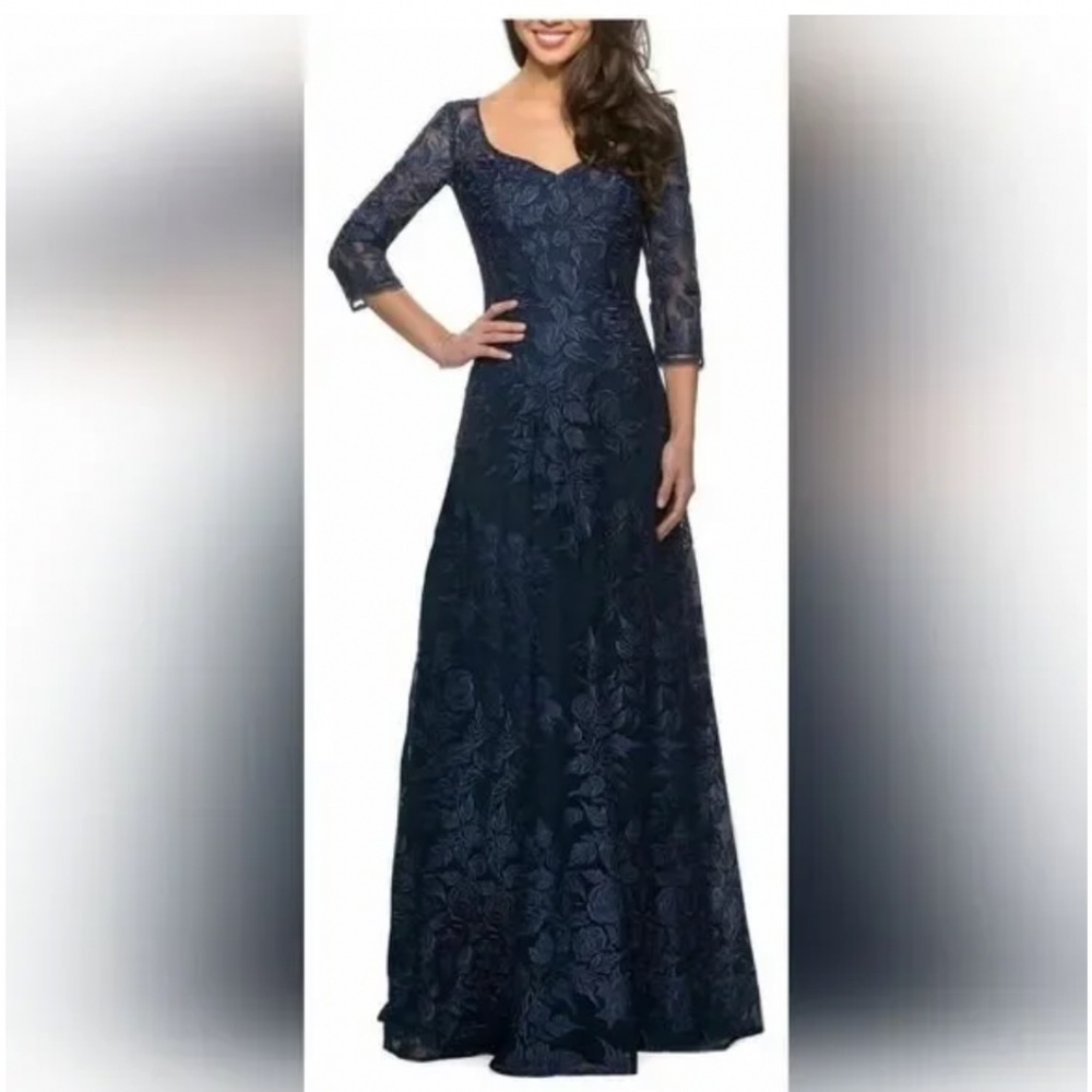 La Femme Women's Navy 28053 Floral Embroidered Lace V Neck A-Line Gown Dress 14